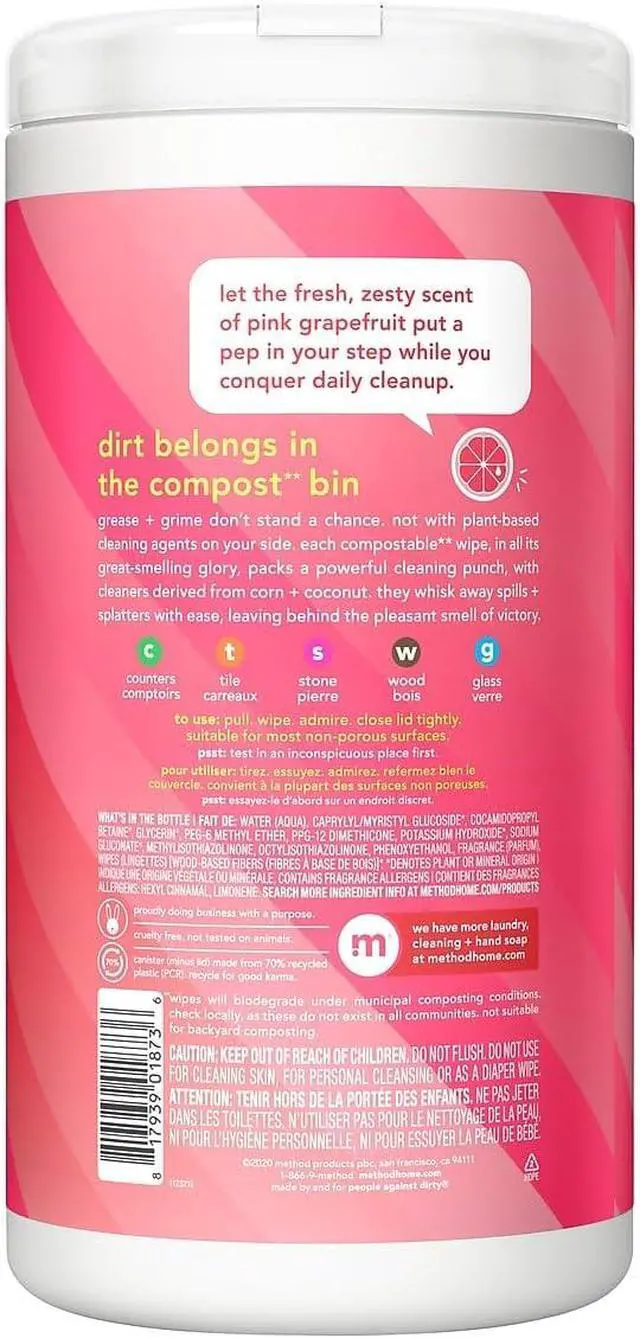 Alt view image 2 of 4 - method All-Purpose Cleaning Wipes, Pink Grapefruit, 70 Count | Cuts Grease & Grime on Counters, Wipes Clean Glass, Tile, Stone & Wood Surfaces