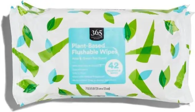 Main image of 365 by Whole Foods Market, Plant-Based Flushable Wipes, Aloe & Green Tea Scent, 42 Count (Pack of 3)