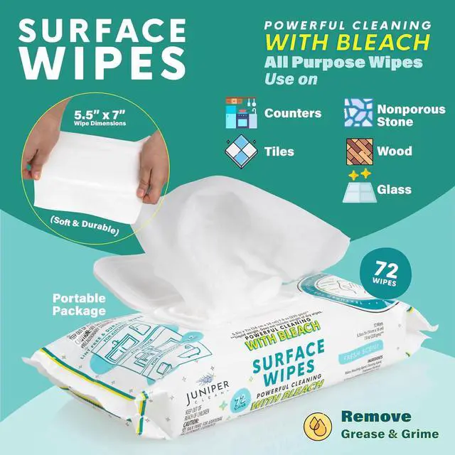 Alt view image 2 of 7 - Juniper CLEAN 1 Pack Surface Wipes with Bleach, All-Purpose Cleaner for Bathroom, Kitchen, Office, 72 Count Soft Flow, Fresh Scent, Lint Free & Durable