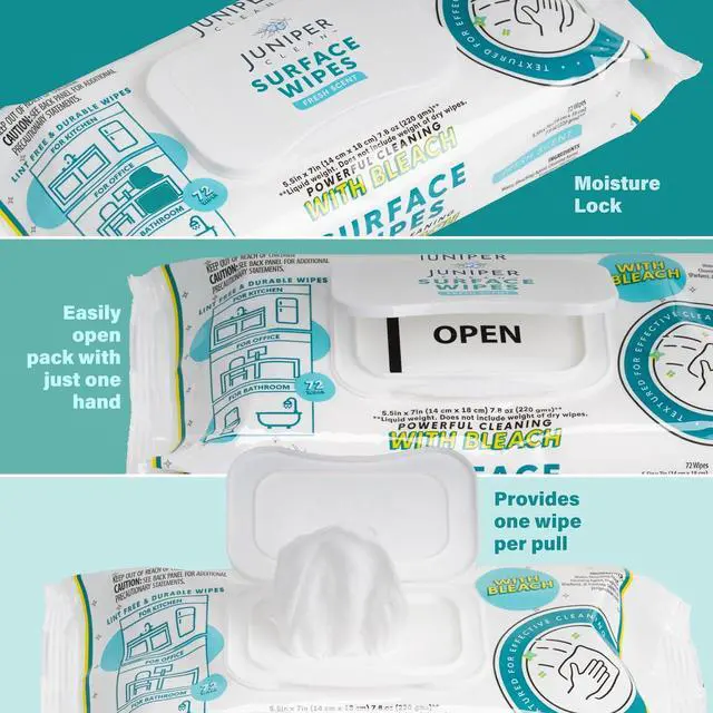 Alt view image 4 of 7 - Juniper CLEAN 1 Pack Surface Wipes with Bleach, All-Purpose Cleaner for Bathroom, Kitchen, Office, 72 Count Soft Flow, Fresh Scent, Lint Free & Durable
