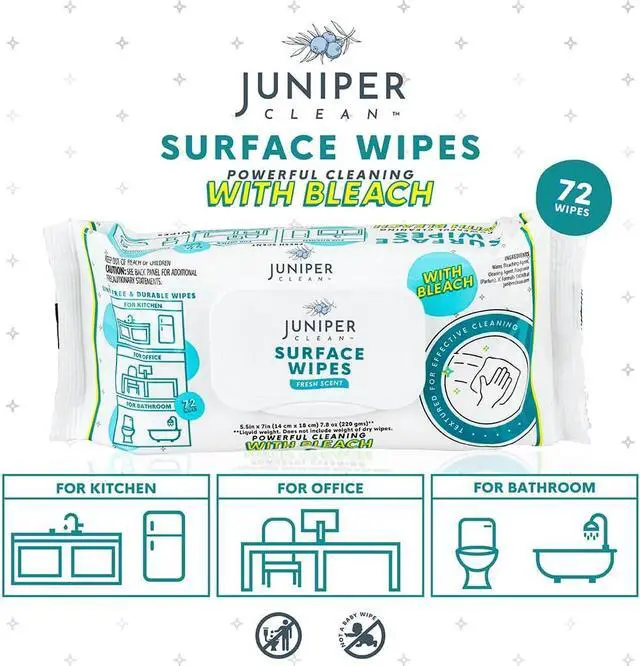 Alt view image 3 of 7 - Juniper CLEAN 1 Pack Surface Wipes with Bleach, All-Purpose Cleaner for Bathroom, Kitchen, Office, 72 Count Soft Flow, Fresh Scent, Lint Free & Durable