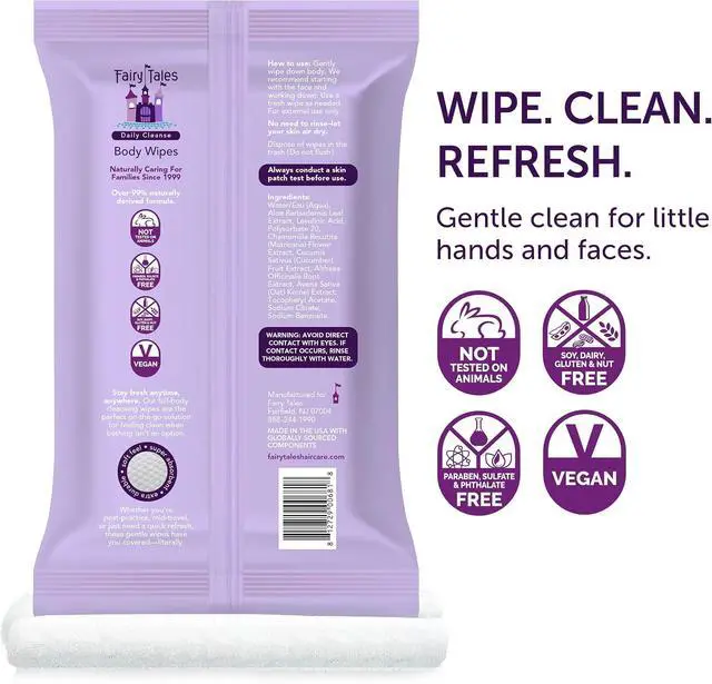 Alt view image 3 of 7 - Fairy Tales Daily Cleanse XL Wipes for Kids Extra Large Body Wipes, Gentle Disposable Washcloths, Unscented, Alcohol Free Cleansing Cloths - 20ct