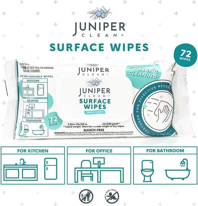 Alt view image 2 of 7 - Juniper CLEAN 1 Pack Surface Cleaning Wipes Bleach Free, All-Purpose Cleaner for Bathroom, Kitchen, Office, 72 Count Soft Flow, Fresh Scent, Lint Free & Durable
