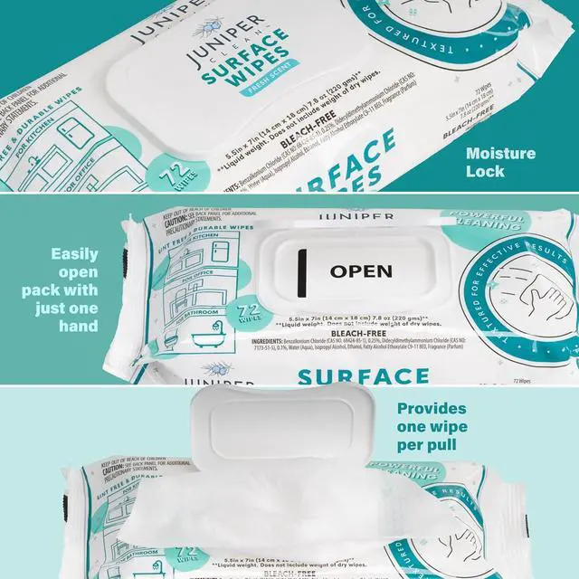 Alt view image 5 of 7 - Juniper CLEAN 1 Pack Surface Cleaning Wipes Bleach Free, All-Purpose Cleaner for Bathroom, Kitchen, Office, 72 Count Soft Flow, Fresh Scent, Lint Free & Durable
