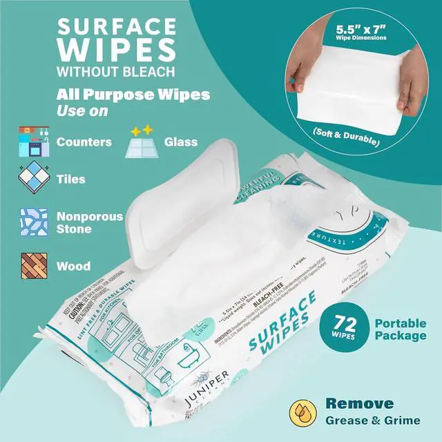 Alt view image 6 of 7 - Juniper CLEAN 1 Pack Surface Cleaning Wipes Bleach Free, All-Purpose Cleaner for Bathroom, Kitchen, Office, 72 Count Soft Flow, Fresh Scent, Lint Free & Durable