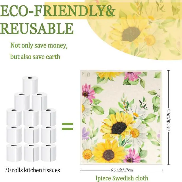 Alt view image 2 of 7 - 6 - Pack Swedish Kitchen Dish Cloths - Reusable Paper Towels for Counters & Dishes - Eco Friendly Cellulose Sponge Cloth (Sunflower)