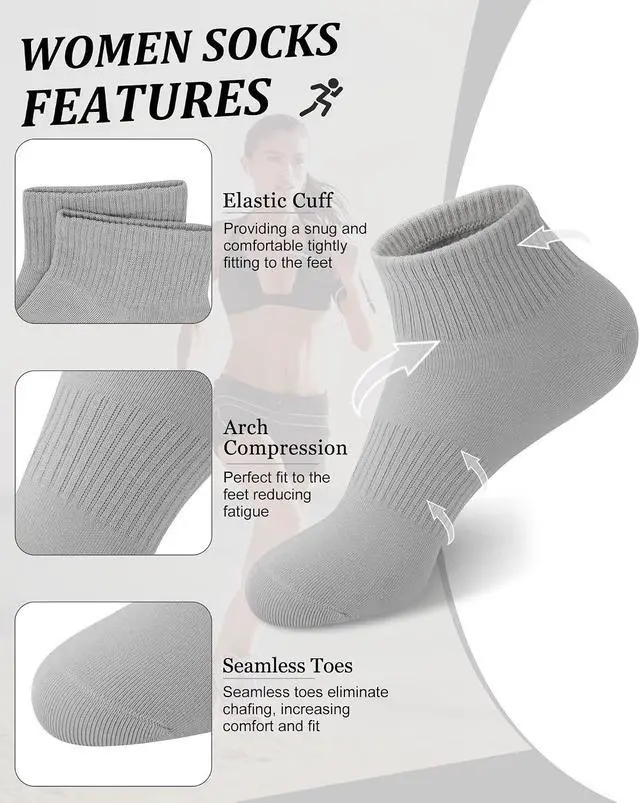 Alt view image 2 of 6 - YSense 10 Pairs Womens Ankle Socks Cotton Quarter Socks Women Men | Soft Breathable, Moisture-Wicking, Arch Support, Toe Seamles, Mini Crew Socks, Casual Athletic Gym Workout