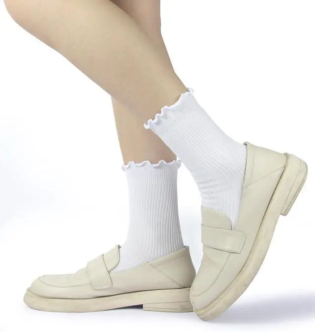 Alt view image 2 of 6 - BomKinta Ruffle Socks Women Turn-Cuff Frilly Sock Cotton Crew Socks | Lightweight, Athletic, Gifts