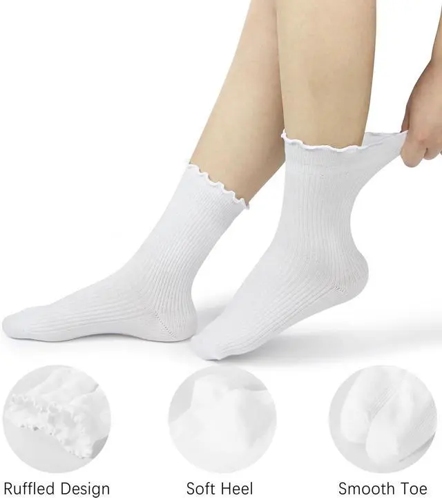 Alt view image 3 of 6 - BomKinta Ruffle Socks Women Turn-Cuff Frilly Sock Cotton Crew Socks | Lightweight, Athletic, Gifts