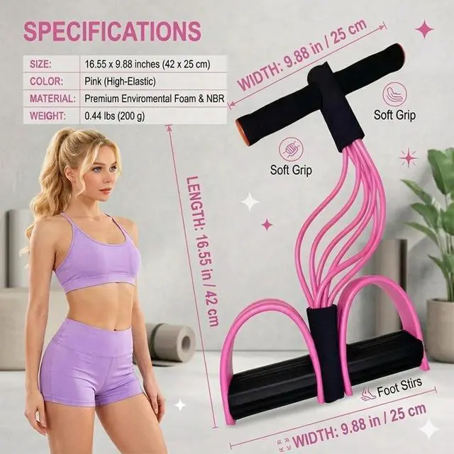 Alt view image 5 of 7 - Multifunction Pedal Resistance Band with Handles, Pink | 6-Tube Natural Rubber Elastic Yoga Pedal Puller for Home Workouts, Full-Body, Core Strength, Arm Training and Leg Exercises