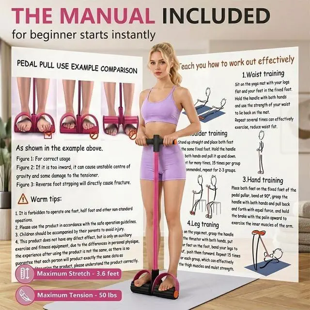 Alt view image 6 of 7 - Multifunction Pedal Resistance Band with Handles, Pink | 6-Tube Natural Rubber Elastic Yoga Pedal Puller for Home Workouts, Full-Body, Core Strength, Arm Training and Leg Exercises