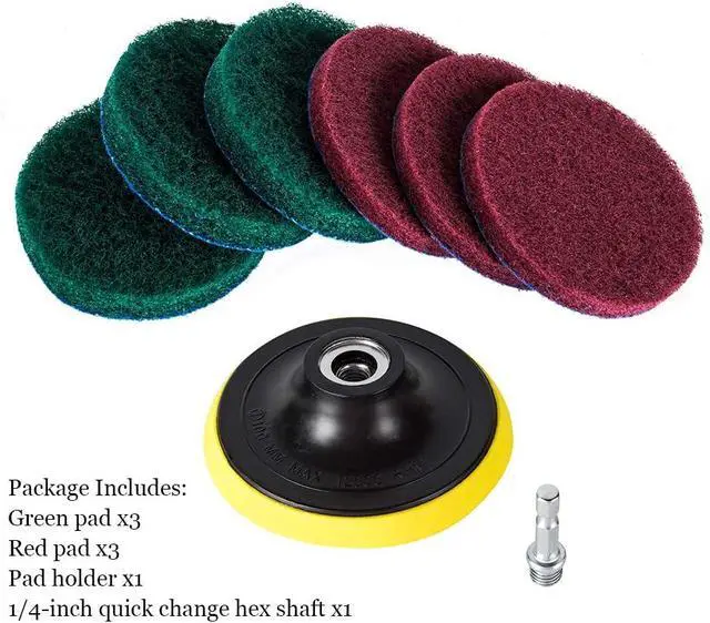 Alt view image 2 of 7 - 4 Inch Drill Powered Brush Tile Scrubber Scouring Pads Cleaning Kit | Pad Holder and Metal Shaft Included