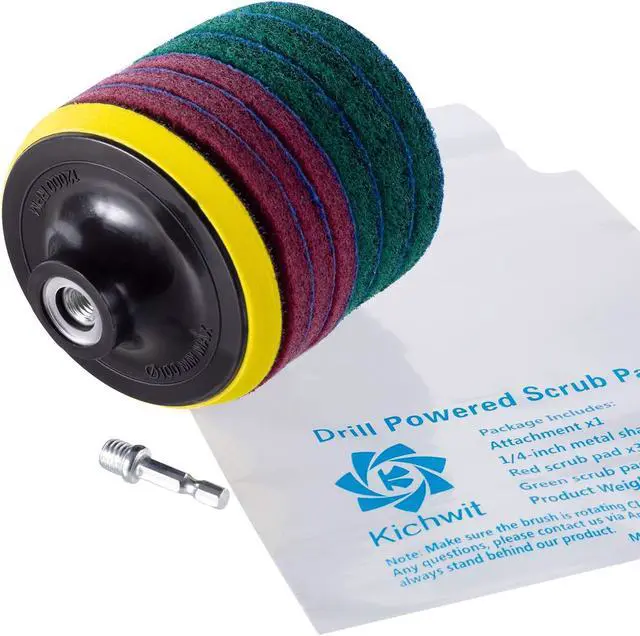 Alt view image 5 of 7 - 4 Inch Drill Powered Brush Tile Scrubber Scouring Pads Cleaning Kit | Pad Holder and Metal Shaft Included