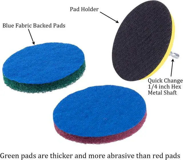 Alt view image 3 of 7 - 4 Inch Drill Powered Brush Tile Scrubber Scouring Pads Cleaning Kit | Pad Holder and Metal Shaft Included
