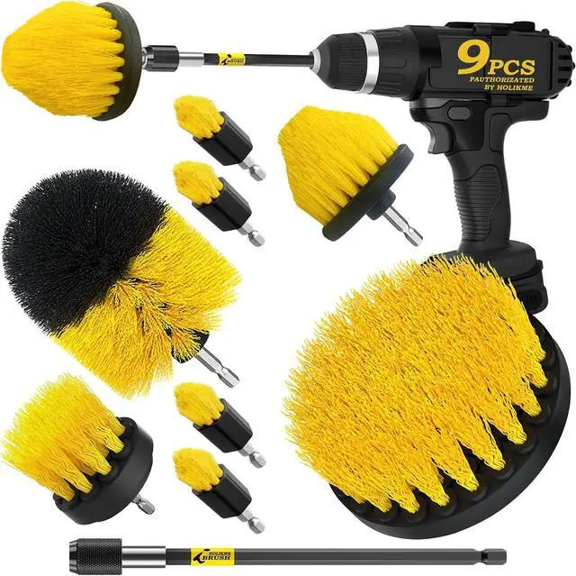Main image of Holikme 9Pack Drill Brush Attachments SetPower Scrubber Kit for Clean | 8 Nylon Scrub Brushes,1 Extend Long Attachment, Tile, Tub, Shower, Floors, Kitchen and Auto Interior Care,Yellow