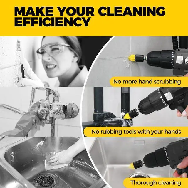 Alt view image 4 of 6 - Holikme 9Pack Drill Brush Attachments SetPower Scrubber Kit for Clean | 8 Nylon Scrub Brushes,1 Extend Long Attachment, Tile, Tub, Shower, Floors, Kitchen and Auto Interior Care,Yellow