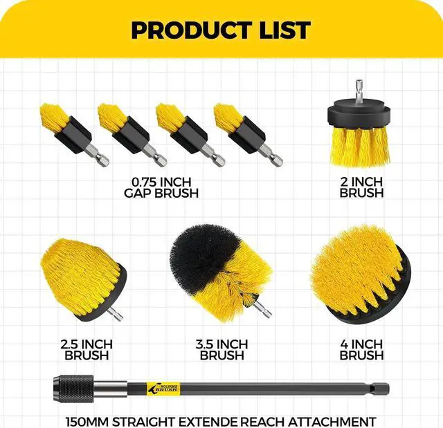 Alt view image 5 of 6 - Holikme 9Pack Drill Brush Attachments SetPower Scrubber Kit for Clean | 8 Nylon Scrub Brushes,1 Extend Long Attachment, Tile, Tub, Shower, Floors, Kitchen and Auto Interior Care,Yellow