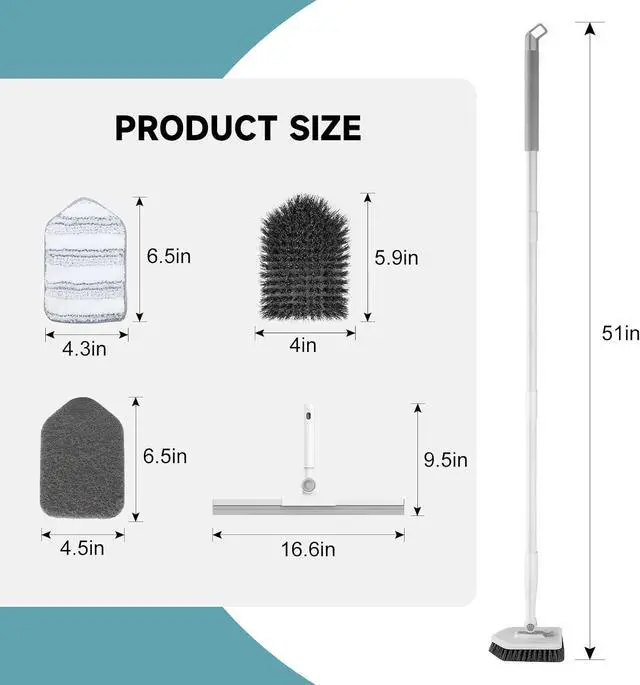 Alt view image 2 of 7 - nacena Shower Scrubber with Long Handle, 4 in 1 Tile Tub Scrubber Brush with 3 Detachable Cleaning Shower Heads and Floor Squeegee Shower Cleaner Brush for Bathroom Kitchen Tub Sink Floor, Grey White