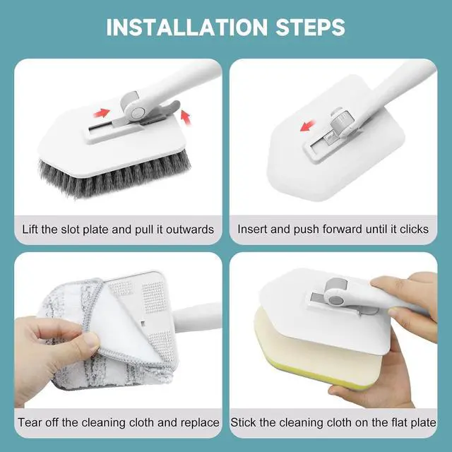 Alt view image 6 of 7 - nacena Shower Scrubber with Long Handle, 4 in 1 Tile Tub Scrubber Brush with 3 Detachable Cleaning Shower Heads and Floor Squeegee Shower Cleaner Brush for Bathroom Kitchen Tub Sink Floor, Grey White