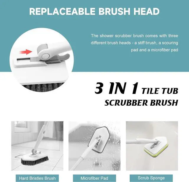 Alt view image 4 of 7 - nacena Shower Scrubber with Long Handle, 4 in 1 Tile Tub Scrubber Brush with 3 Detachable Cleaning Shower Heads and Floor Squeegee Shower Cleaner Brush for Bathroom Kitchen Tub Sink Floor, Grey White