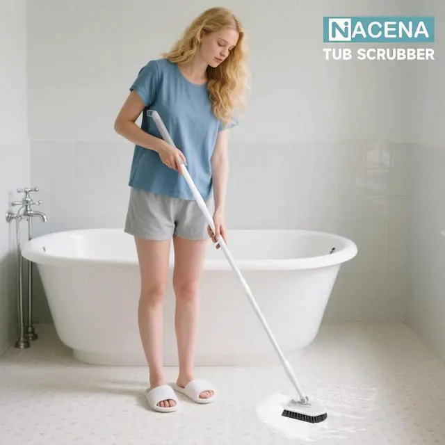 Alt view image 7 of 7 - nacena Shower Scrubber with Long Handle, 4 in 1 Tile Tub Scrubber Brush with 3 Detachable Cleaning Shower Heads and Floor Squeegee Shower Cleaner Brush for Bathroom Kitchen Tub Sink Floor, Grey White