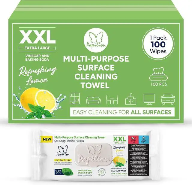 Main image of PAPILION Multi-Surface Cleaning Wipes, Lemon Scent, Removes Dirt & Stains, Paraben & SLS-Free, Surface-Safe Formula for Everyday Home, Kitchen & Office Cleaning, Flip-Top Pack, 100 Count