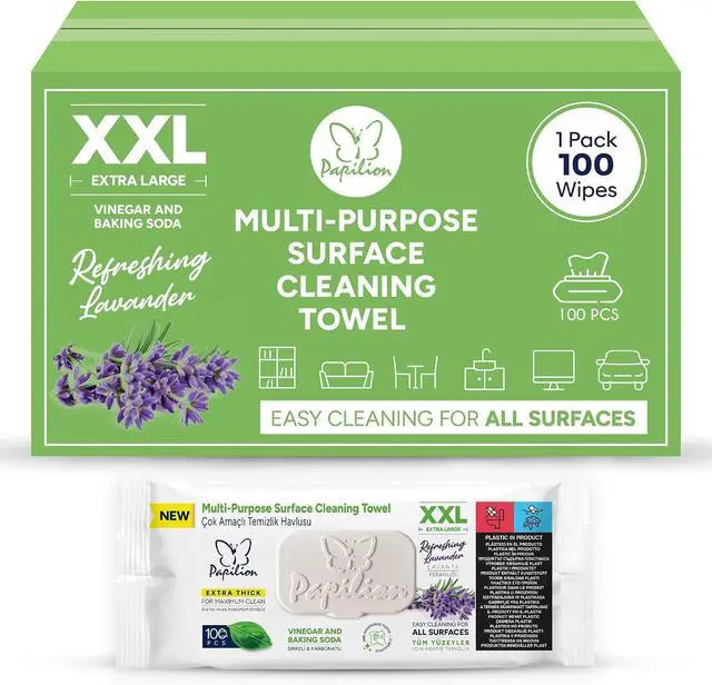 Main image of PAPILION Multi-Surface Cleaning Wipes, Lavender Scent, Removes Dirt & Stains, Paraben & SLS-Free, Surface-Safe Formula for Everyday Home, Kitchen & Office Cleaning, Flip-Top Pack, 100 Count
