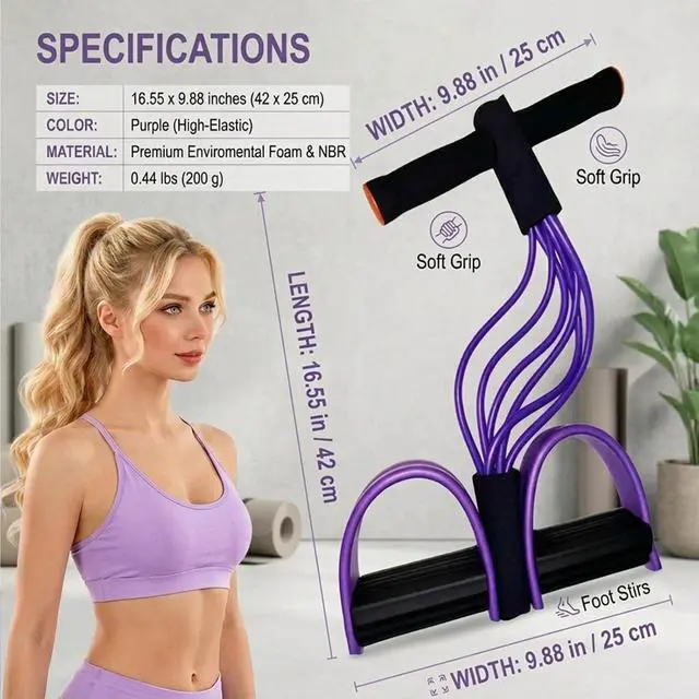 Alt view image 5 of 7 - Multifunction Pedal Resistance Band with Handles, Purple | 6-Tube Natural Rubber Elastic Yoga Pedal Puller for Home Workouts, Full-Body, Core Strength, Arm Training and Leg Exercises