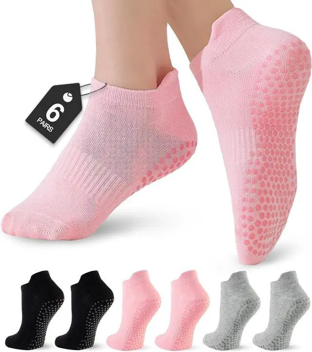 Main image of 6 Pairs Pilates Socks for Women, Grip Yoga Crew Socks, Non Slip Grippy for Barre, Ballet, Dance & Hospital