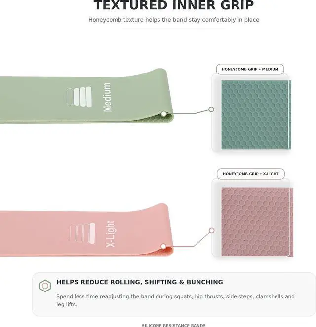 Alt view image 3 of 7 - Wide Silicone Booty Bands for Women, 2-Pack Resistance Loops | X-Light 10 lb and Medium 30 lb loops with a wide honeycomb grip to help reduce rolling during glute and leg workouts