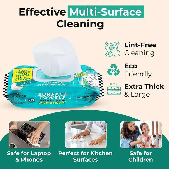 Alt view image 4 of 5 - Juniper CLEAN Single Surface Wipes with Bleach, Thick & Large Dispose, All-Purpose Cleaner for Bathroom, Kitchen, Office, 100 Count Soft Flow, Biodegradable, Fresh Scent