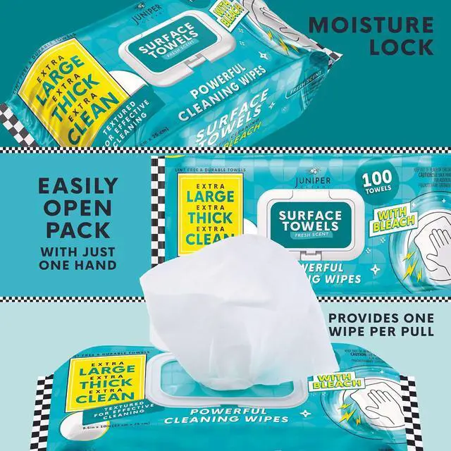 Alt view image 2 of 5 - Juniper CLEAN Single Surface Wipes with Bleach, Thick & Large Dispose, All-Purpose Cleaner for Bathroom, Kitchen, Office, 100 Count Soft Flow, Biodegradable, Fresh Scent