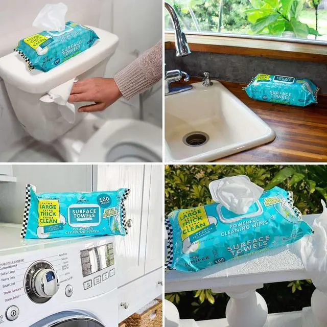 Alt view image 3 of 5 - Juniper CLEAN Single Surface Wipes with Bleach, Thick & Large Dispose, All-Purpose Cleaner for Bathroom, Kitchen, Office, 100 Count Soft Flow, Biodegradable, Fresh Scent