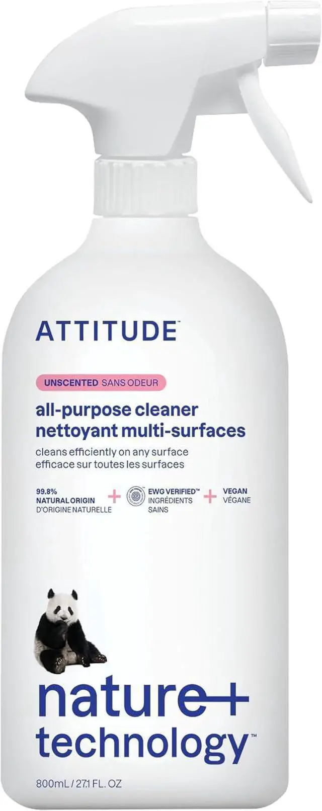 Main image of ATTITUDE All Purpose Cleaner Spray, EWG Verified, Vegan, Made with 94% Plant-Based Ingredients, Streak-Free for Kitchen, Bathroom, Glass & More, Unscented, 27.1 Fl Oz