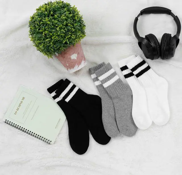Alt view image 3 of 6 - BomKinta Womens Striped Crew Socks Retro Above Ankle Cotton Sock Size 5-10 | Casual, Cozy, Athletic Style, Gifts