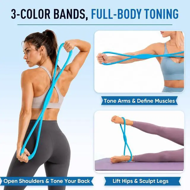 Alt view image 2 of 7 - 3 Pcs Figure 8 Resistance Bands, Exercise Bands for Stretching | Fit Arms, Shoulder, Leg & Back, Non-Slip Handles, Home Gym, Yoga & Physical Therapy, Toning, Posture Correction,Women & Men