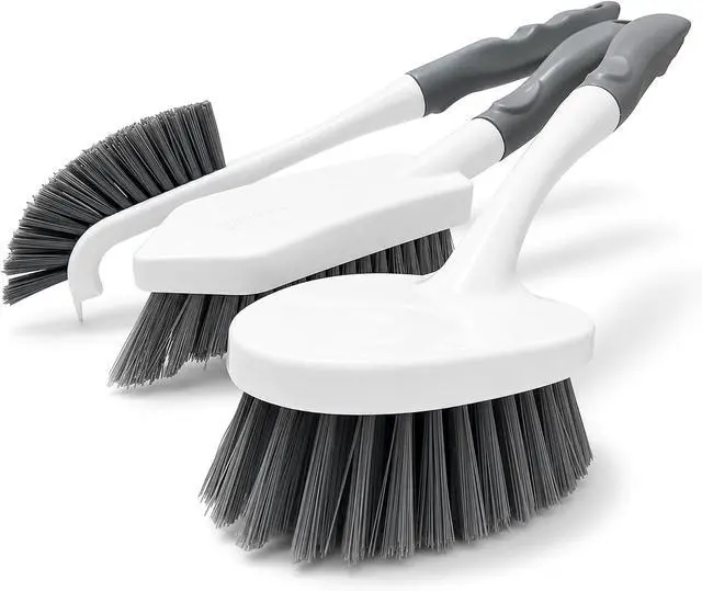 Main image of 3PCS Heavy Duty Scrub Brush Set - Shower Cleaning Brushes for Bathroom | Corner brush with scraper, V-shape grout brush & stiff scrubber. For grout, tracks, crevice, shower, tub & floor.