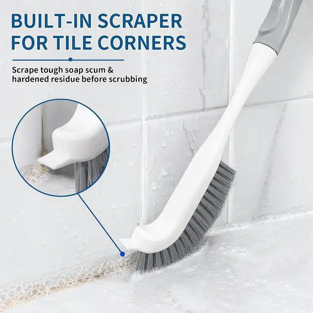 Alt view image 3 of 7 - 3PCS Heavy Duty Scrub Brush Set - Shower Cleaning Brushes for Bathroom | Corner brush with scraper, V-shape grout brush & stiff scrubber. For grout, tracks, crevice, shower, tub & floor.