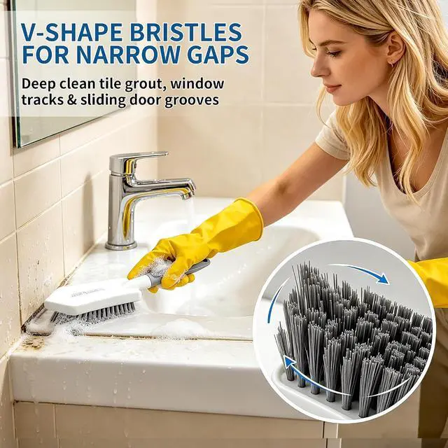 Alt view image 5 of 7 - 3PCS Heavy Duty Scrub Brush Set - Shower Cleaning Brushes for Bathroom | Corner brush with scraper, V-shape grout brush & stiff scrubber. For grout, tracks, crevice, shower, tub & floor.