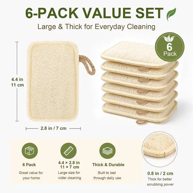 Alt view image 2 of 7 - Natural Loofah Dish Scrubber Sponges, 6 Pack Large Plant-Based Kitchen Cleaning Pads, Compostable Non-Scratch Scouring Sponge for Dishes, Sink, Grout and Tile, 4.4 x 2.8 in