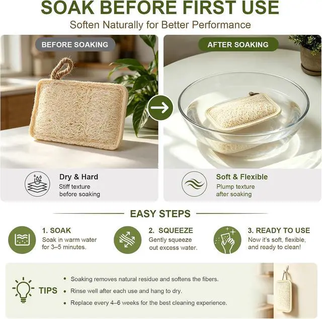 Alt view image 3 of 7 - Natural Loofah Dish Scrubber Sponges, 6 Pack Large Plant-Based Kitchen Cleaning Pads, Compostable Non-Scratch Scouring Sponge for Dishes, Sink, Grout and Tile, 4.4 x 2.8 in