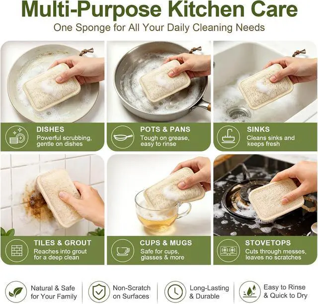 Alt view image 4 of 7 - Natural Loofah Dish Scrubber Sponges, 6 Pack Large Plant-Based Kitchen Cleaning Pads, Compostable Non-Scratch Scouring Sponge for Dishes, Sink, Grout and Tile, 4.4 x 2.8 in