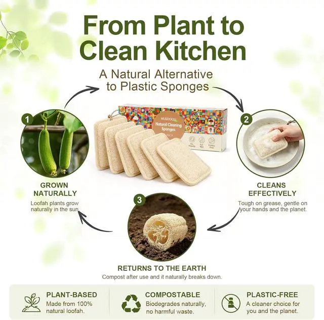 Alt view image 7 of 7 - Natural Loofah Dish Scrubber Sponges, 6 Pack Large Plant-Based Kitchen Cleaning Pads, Compostable Non-Scratch Scouring Sponge for Dishes, Sink, Grout and Tile, 4.4 x 2.8 in