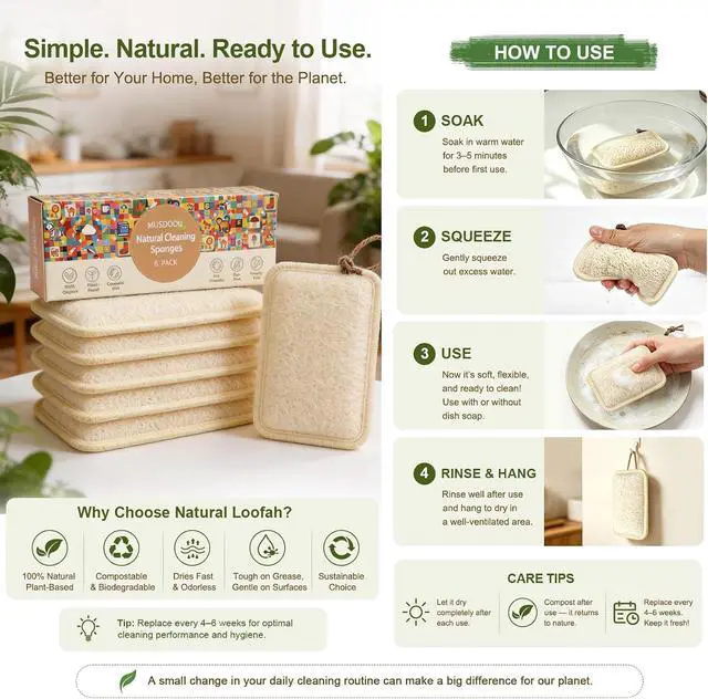 Alt view image 6 of 7 - Natural Loofah Dish Scrubber Sponges, 6 Pack Large Plant-Based Kitchen Cleaning Pads, Compostable Non-Scratch Scouring Sponge for Dishes, Sink, Grout and Tile, 4.4 x 2.8 in