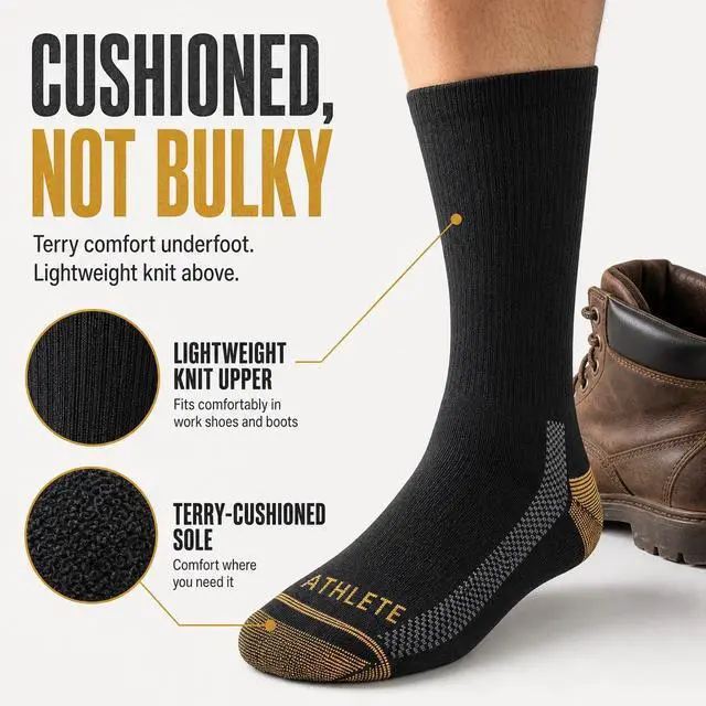 Alt view image 5 of 6 - JOYNÉE Men's Athletic Crew Socks, 5/10 Pairs, Light Cushion Work Socks | Lightweight breathable crew socks with terry-cushioned soles and arch support for work, running and daily wear