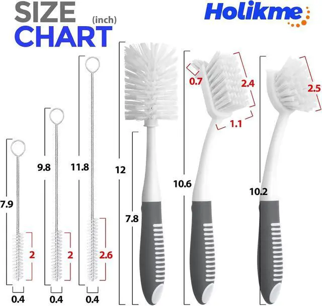 Alt view image 6 of 7 - Holikme 6 Pack Dish Brush Set with Bottle Brush, Dish Scrub Brush,Gray | Pan Brush and 3 Straw Brushes, Deep Cleaning Handle Brush with Scraper Tip for Kitchen Sink Dishes Bottle Cup Pot and Pans