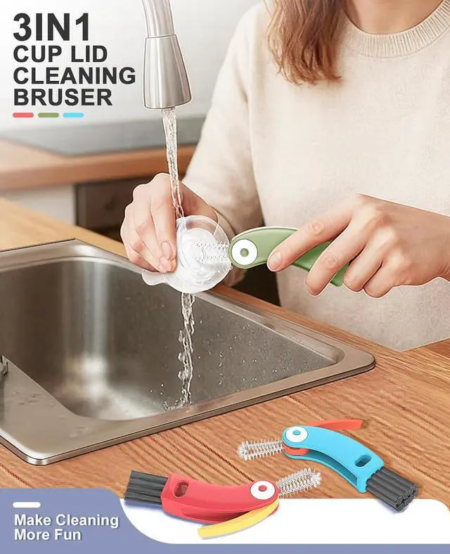 Alt view image 2 of 7 - 3 in 1 Cup Lid Cleaning Brush 3 PCS - Multifunctional Cleaning Brush Set for Tight Spaces, Bottle Gaps & Travel Mugs | Portable Durable Cup Lid Cleaner Tools (Multicolor)