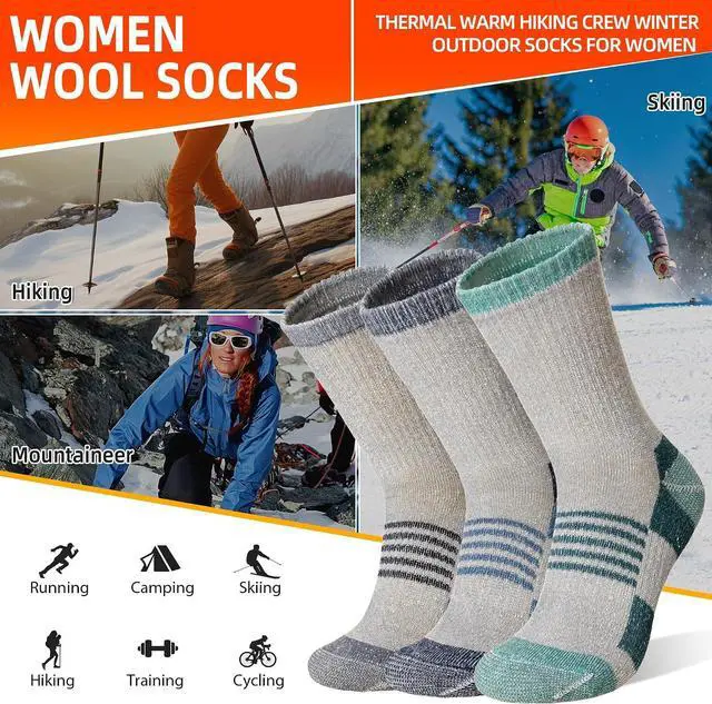Alt view image 6 of 6 - Velice Merino Wool Hiking Socks for Women Thermal Warm Winter Boot Work Cushion Crew Socks 3 Pairs(Grey, Large)
