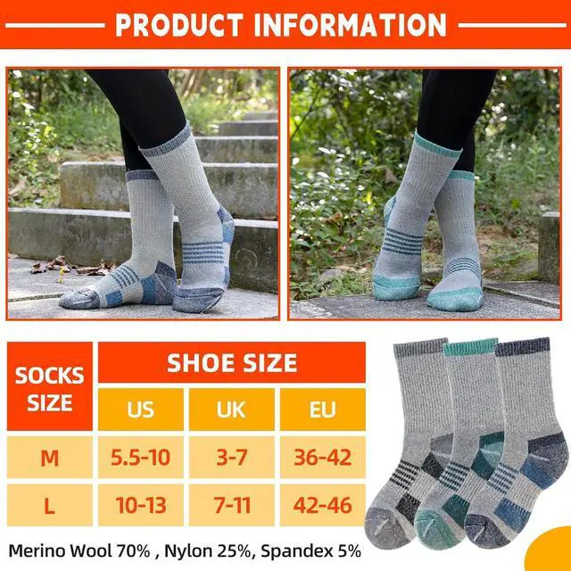 Alt view image 5 of 6 - Velice Merino Wool Hiking Socks for Women Thermal Warm Winter Boot Work Cushion Crew Socks 3 Pairs(Grey, Large)