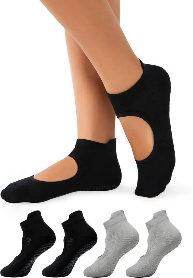Main image of 4 Pairs Pilates Socks with Grips for Women Anti Slip Yoga Sock | Cotton Blend Material, Heel Protection, Non Slip Grip Yoga Socks, Crew Non Slip Grip Yoga Socks for Barre,Hospital, Barefoot